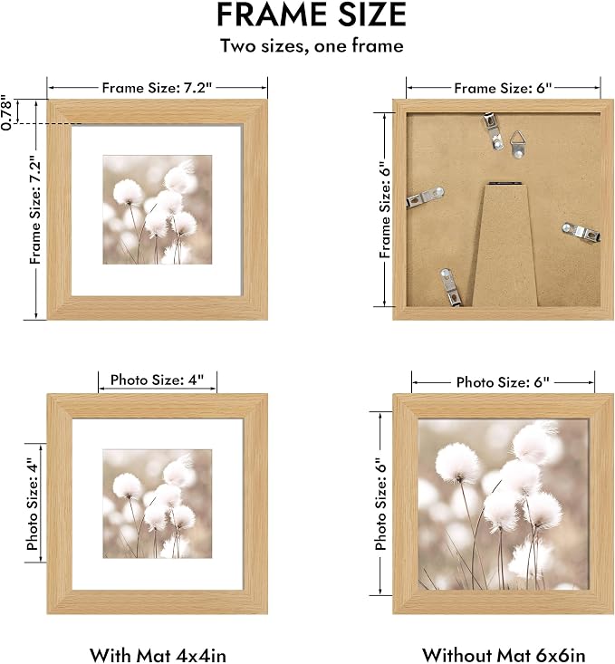 Hongkee 6x6 Oak Wood Picture Frame 1 Pack(Matted 4x4) with Real Glass Cover | Natural, 6 x 6 Solid Wood Frame for Wall or Tabletop Display - Includes Easel Back, Vertical Hang - Ideal for Home, Office