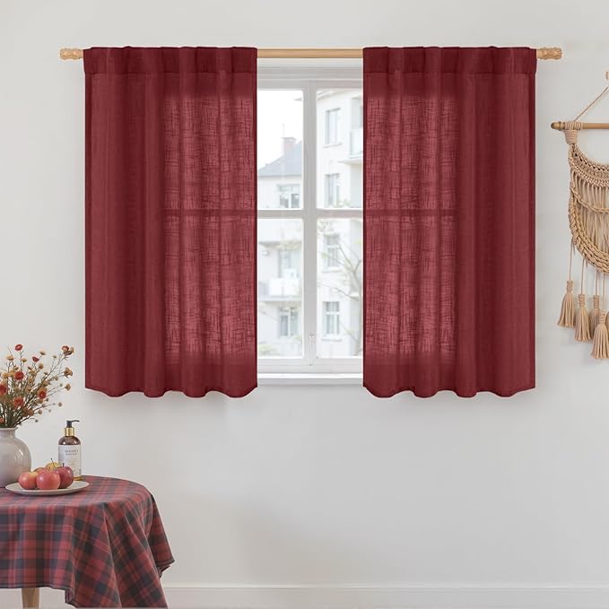 LAMIT Red Linen Curtains 40 Inch Length, Semi Sheer Light Filtering Panels Back Tab and Rod Pocket Christmas Decor Drapes for Small Windows/Kitchen, Burgundy Red, 2 Panels, 34 x 40 Inch