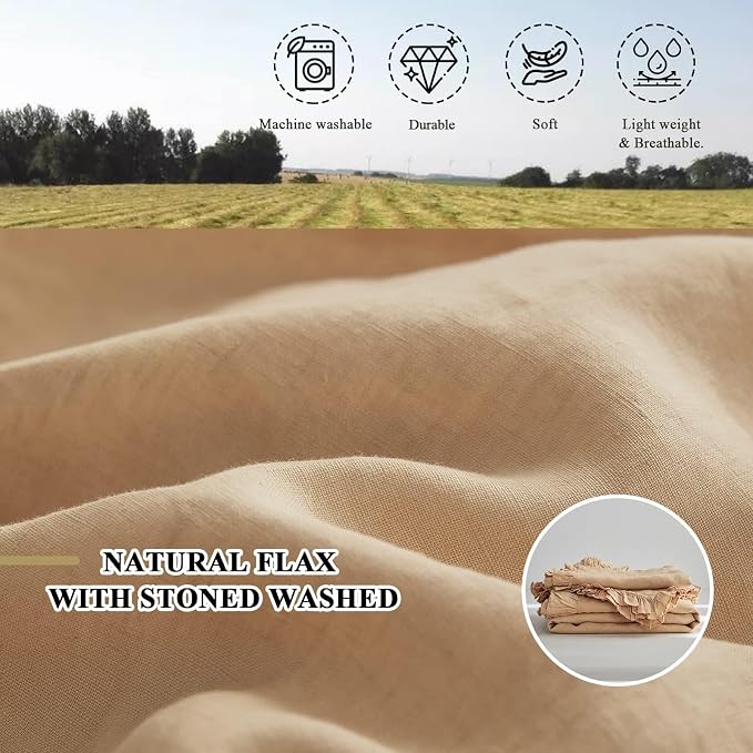 Simple&Opulence 100% Linen Duvet Cover Set, Natural French Flax Sand Ruffle Duvet Cover Twin Size, Breathable Comfy Linen Bedding Comforter Cover with 1 Pillowcase (Sand, 68" x 86")