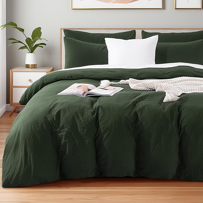 NEXHOME PRO Full Duvet Cover Set – 100% Certified Organic Cotton with Washed Feel & Linen-Like Texture, Comfortable & Breathable, Home Bedding Set Olive Green (No Comforter)