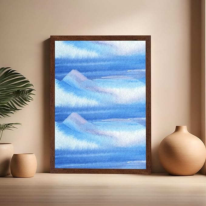 Monem Art Blue Watercolor Abstract Landscape Print - Minimalist Ocean Horizon Art Poster - Wall Decor for Living Room, Bedroom or Office - 16x20 Brown Framed Wall Art by Rs Lab Studio