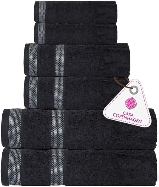 CASA COPENHAGEN Solitaire 6Pcs 100% Egyptian Cotton Large Designer Towels Gift Set- Pine Grey, 600GSM, 2Bath 2Hand 2Washcloths, Bath Towels for Bathroom Set for Women & Men