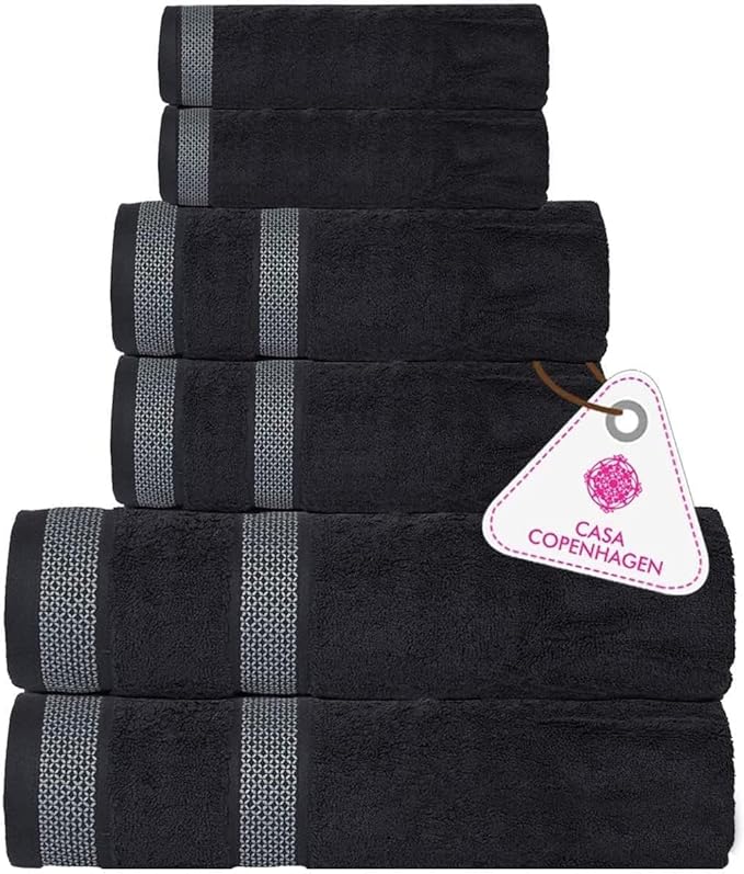CASA COPENHAGEN Solitaire 6Pcs 100% Egyptian Cotton Large Designer Towels Gift Set- Pinstripe Grey, 600GSM, 2Bath 2Hand 2Washcloths, Bath Towels for Bathroom Set for Women & Men
