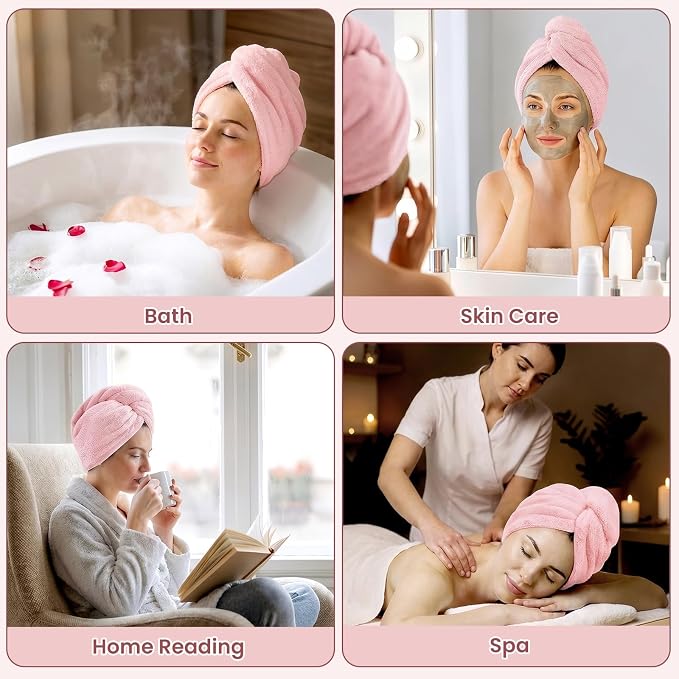 Mandydov 100% Cotton Hair Towel Wrap for Women, 2 Pack Thickened & Super Absorbent Turbans, Anti Frizz Quick Dry Hair Towels (Pink)