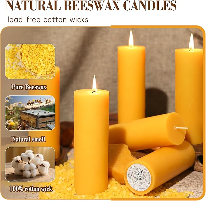 3 Pack Natural Beeswax Pillar Candles 2x6in,360 Hours Long Burning Unscented Beeswax Candles,100% Pure Bees Wax Candles for Home,Emergency,Dripless Pillar Candle Bulk