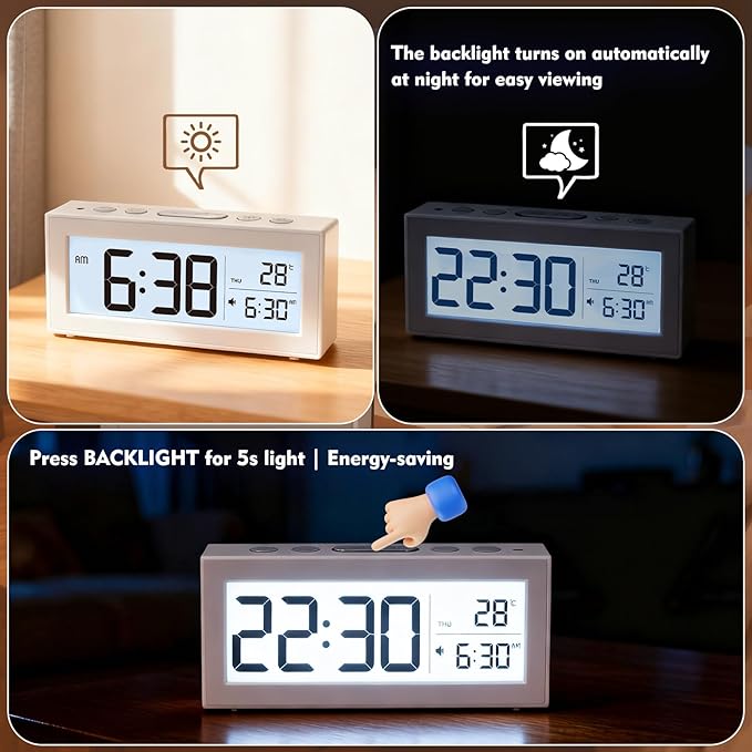 ALANAS Battery Operated Alarm Clock, Portable Digital Clock with Large Display, Snooze, Temperature & Date, Auto-Dim Night Light for Easy Reading, Ideal for Seniors, Kids, Bedroom, Travel, Nightstand