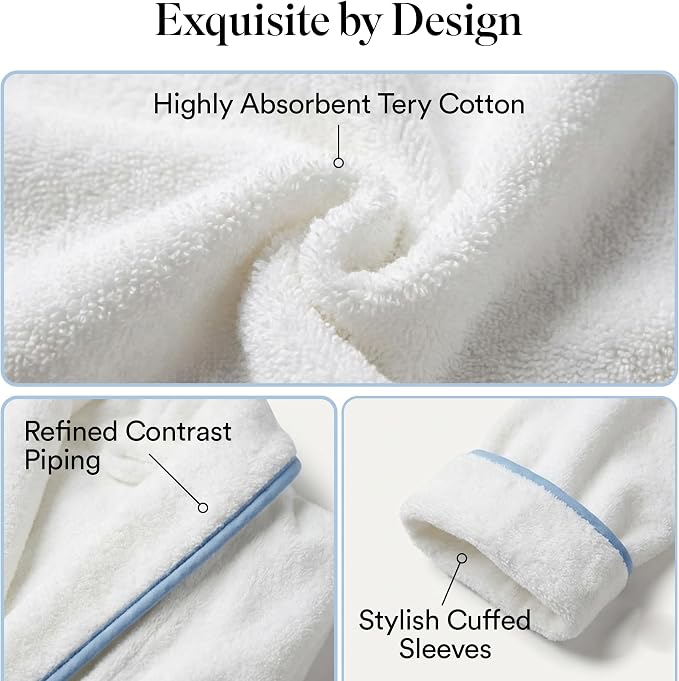 Jillien Harbor Womens Cotton Bathrobe – Towel Robe for Women in Soft Terry Cloth, Highly Absorbent Cotton Robes for Women with Refined Blue Piping, Cuffed Sleeves Medium to Large Fit — One Size, White