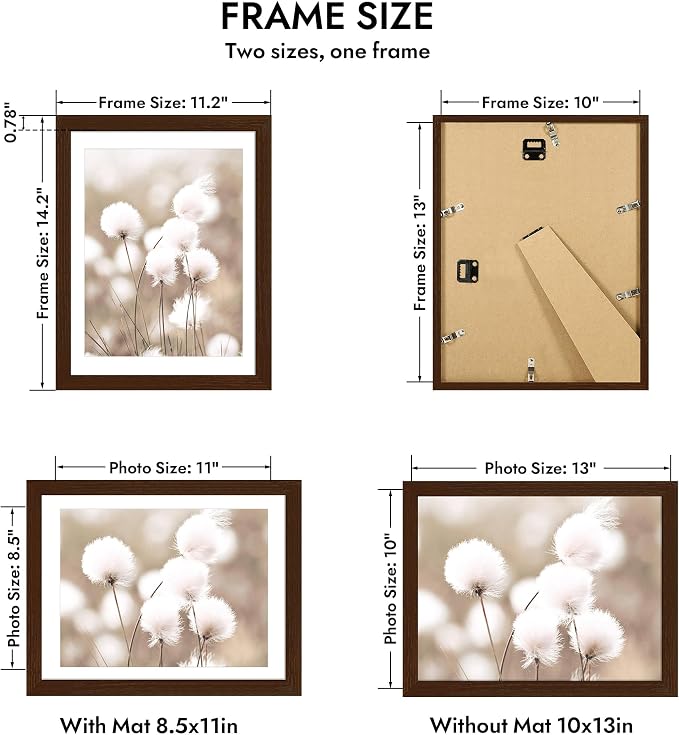 Hongkee 10x13 Oak Wood Picture Frame 1 Pack(Matted 8.5x11) Real Glass Cover | Walnut, 10 x 13 Solid Wood Frame for Wall or Tabletop Display - Includes Easel Back, Vertical Hang - Ideal for Home, Office