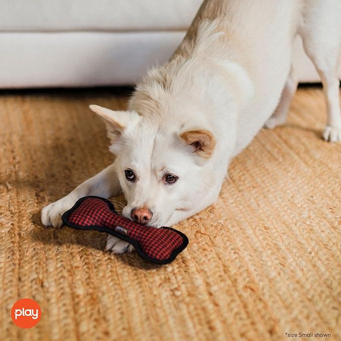 P.L.A.Y. Stuffed Dog Toys, ECO Bones - Extra Durable Squeaker Chew Toy, Great for Teething Puppies & Small, Medium, Large Dog Breeds - Machine Washable, Recycled Materials (Red Houndstooth, Small)