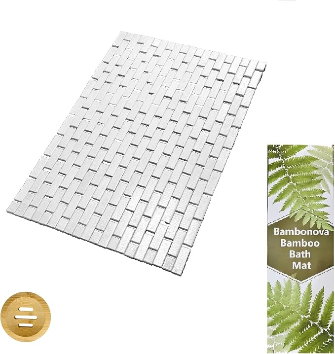 Bamboo Bath Mat 24 x 16 Inches and Soap Dish Set Bathroom Rugs Non Slip Washable Bamboo Shower Mat Bathtub Mat Non Slip for Kitchen Sauna Spa Hot Tub Outdoor Bathroom Decor - White
