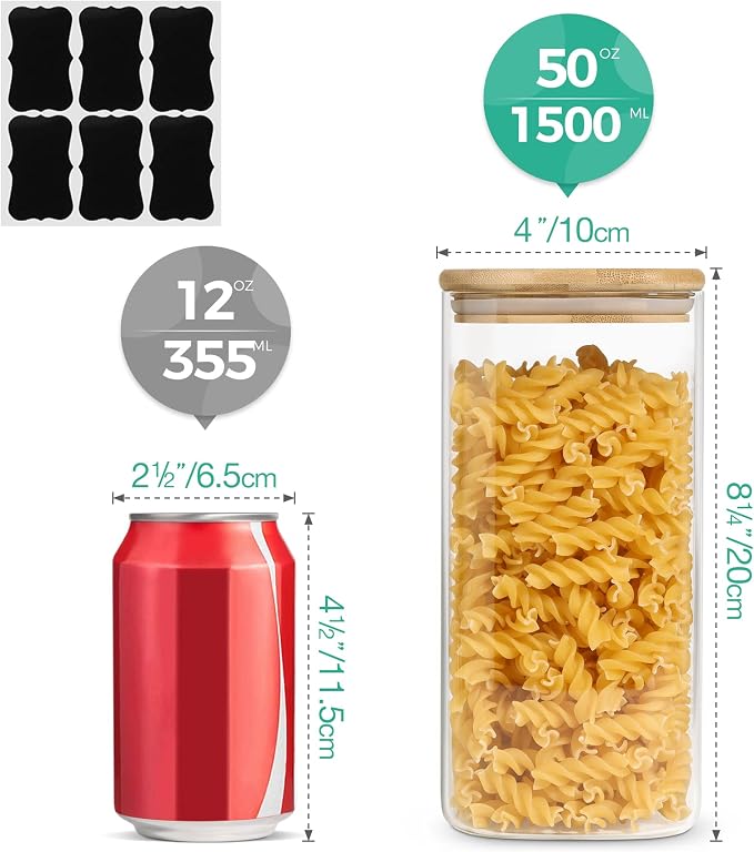 ComSaf Airtight Glass Storage Canister with Wood Lid (50oz&37oz), Clear Food Storage Container Jar with Sealing Bamboo Lid for Noodles Flour Cereal Rice Sugar Tea Coffee Beans, Set of 7