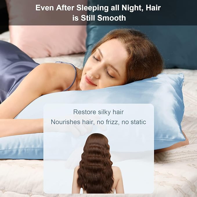 Ravmix Silk Pillow Cases with Zipper, 21momme Mulberry Silk Pillowcase for Hair Skin Health, Soft Smooth Breathable Cool Pillow Cover for Beauty Sleep with Gift Box 1PC(Queen 20"x30", Light Blue)
