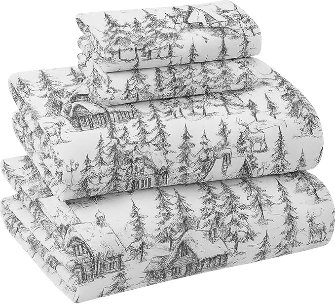 Briarwood Home Printed Flannel Sheet Set, 100% Natural Cotton, Soft, Warm & Deep Pocket, Advanced Nano-Tech Making It Resistance to Pilling; Brushed 6 Times for Softness, Grey Sylvania, King, 4 Piece