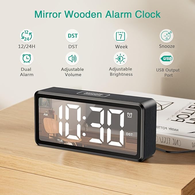 ORIA Wooden Digital Alarm Clock, LED Mirror Desk Clock with Dual Alarms, Snooze, Adjustable Brightness & Volume, Week, DST, for Bedroom Bedside Office