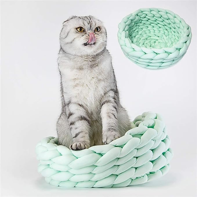 Woven Dog Bed Basket, Knitted Cotton Cat Bed Round Washable Woven Cat Pet Bed Chunky Dog Basket, Orthopedic, Chunky Knit Dog Nest,Dog Bed,Dog Cave,Dog Bedding(Green 3,17")