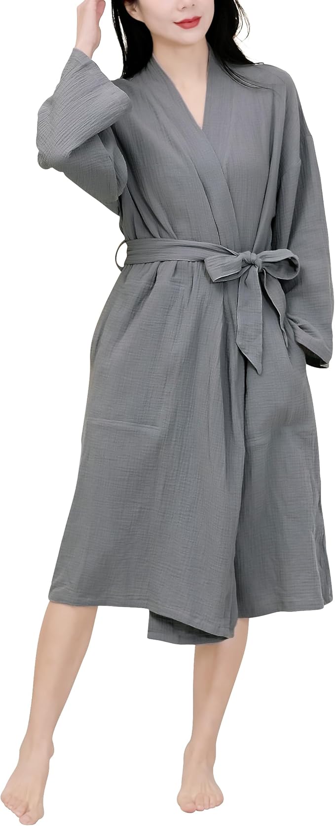 Women's Organic Cotton Bathrobe Long Sleeve Nightgowns Lightweight Waist-Tie Bath Robe for Home Spa Muslin Cotton Beach Wear