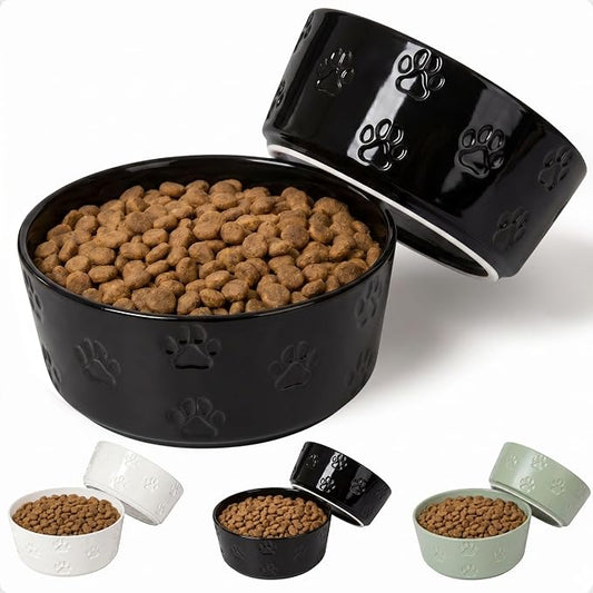 Ceramic Dog Bowl Set of 2 with Anti-Skid Base - 6.5" Wide x 2.5" Tall Ceramic Dog Bowls Medium Sized Dogs - 3.8 Cup Capacity Food and Water Bowls for Dogs - Rubber Bottom Pet Bowl Set of 2 Medium Size