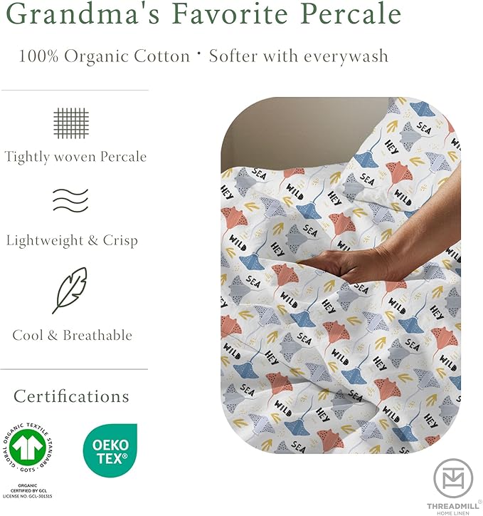 Threadmill Organic Cotton Twin XL Sheets | 100% Cotton Sheets for Twin XL Size Bed | Printed Percale Twin XL Sheets Set with 15” Deep Pocket | Soft Breathable 3-Piece Cooling Sheet Set | Rays