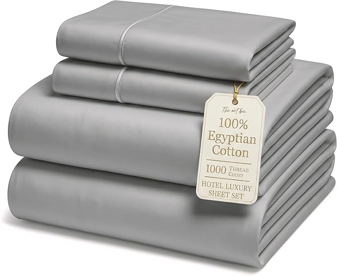 THE ART BOX Certified 100% Egyptian Cotton Sheets, California King Sheet, 1000 Thread Count Hotel Quality Sateen Weave, 4 Pc Luxury Bed Sheet Set, Grey Sheets with Elasticized Deep Pocket