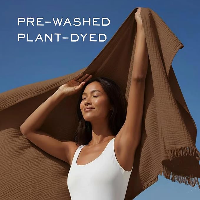KyraHome 100% Cotton Throw Blanket, 60"x80" Large Plant Dyed Lightweight Breathable Thin Soft Summer Gauze Muslin Blankets for Adults, Boho Cotton Throw for Couch, All Season (Brown)