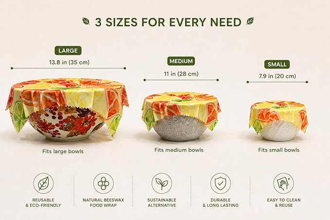 Beeswax Food Wraps – Reusable 3 Pack (Small, Medium, Large) – Eco Friendly Plastic Wrap Alternative – Organic Cotton Food Wrap
