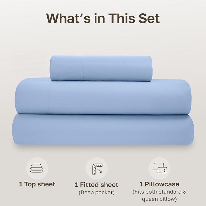 California Design Den Twin XL Sheets Set - Soft 100% Organic Cotton Sheets, Crisp and Cool Percale, Deep Pockets with Anti-Skid Elastic, Breathable and Durable Bedding for Dorm Room - Light Blue