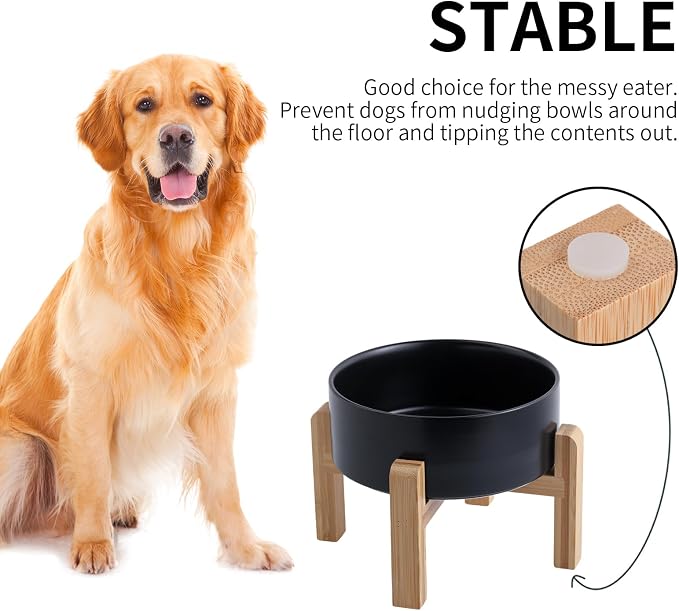 Elevated/Raised Ceramic Dog Bowl with Bamboo Stand (Black, 3.6Cup)