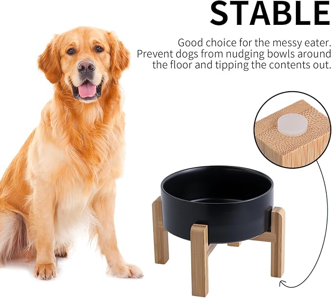Black Raised/Elevated Ceramic Dog Bowl for Small Medium Sized Breeds,Dog Food Water Bowl with Stand,6 in Non Slip Heavy Pet Feeding Dish 3.6 Cups/ 850 ml /28 OZ