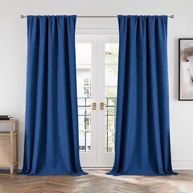 CUCRAF Linen 100% Blackout Curtains 84 Inch Length 2 Panels Set, Back Tab and Rod Pocket Curtain for Living Room Bedroom, Room Darkening Window Drapes Thermal Insulated, (52x84 inch, Navy Blue)
