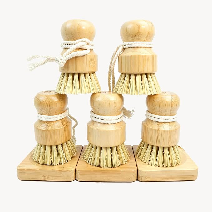 Bamboo Vegetable Brush 5-piece Set，Natural Bristle Dish Brush with Holder, Eco Friendly Soft Dish Scrubber Kitchen Brush for Dishes