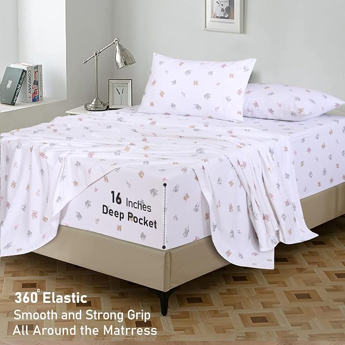 RUVANTI Flannel Sheets Queen Size - GOTS Certified 100% Organic Cotton, 4 Piece Warm, Soft & Breathable Set, Deep Pocket Snug Fit, Double Brushed Cozy All Season Bedding, Floral