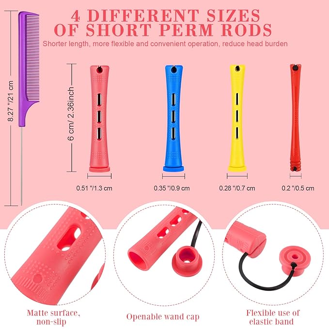 48 Pieces Hair Perm Rods Short Cold Wave Rods Plastic Perming Irons Hair Curling Rollers Curlers with Steel Pintail Comb Rat Tail Comb for Hairdressing Styling Supplies(Assorted Sizes,Multicolored)