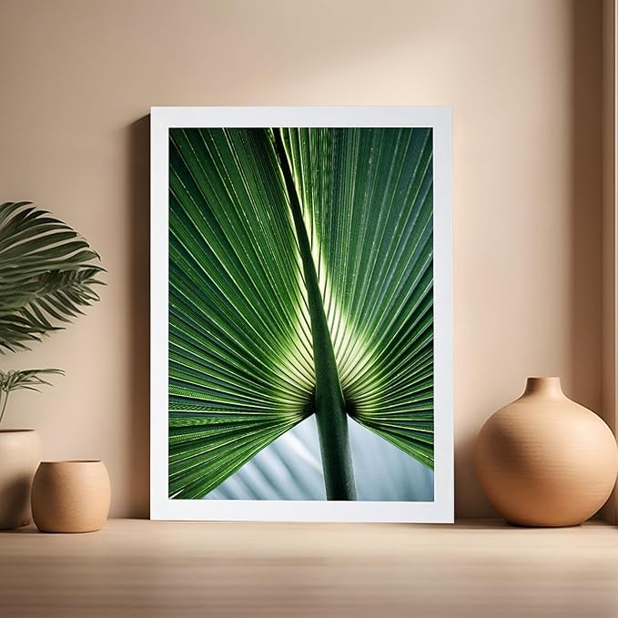 Monem Art Tropical Palm Leaf Macro Photography Print - Minimalist Botanical Nature Art Poster - Wall Decor for Living Room, Bedroom or Office - 16x20 White Framed Wall Art by Mareike Bohmer