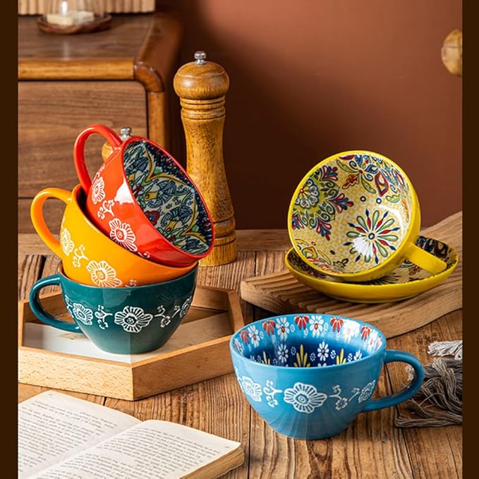 Bohemian Hand-Painted Ceramic Mug, 15 Oz Large Coffee Cup for Milk, Tea, and Breakfast, Dishwasher & Microwave Safe Artisan Cup, Baby Blue
