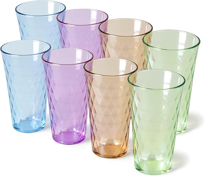 Freshmage 20 oz Unbreakable Drinking Glasses (Set of 8), Jewel Tone Colored Reusable Tumblers, BPA Free Plastic Drinking Cups for Home, Outdoor, Picnic, Pool, Stackable, Microwave Safe
