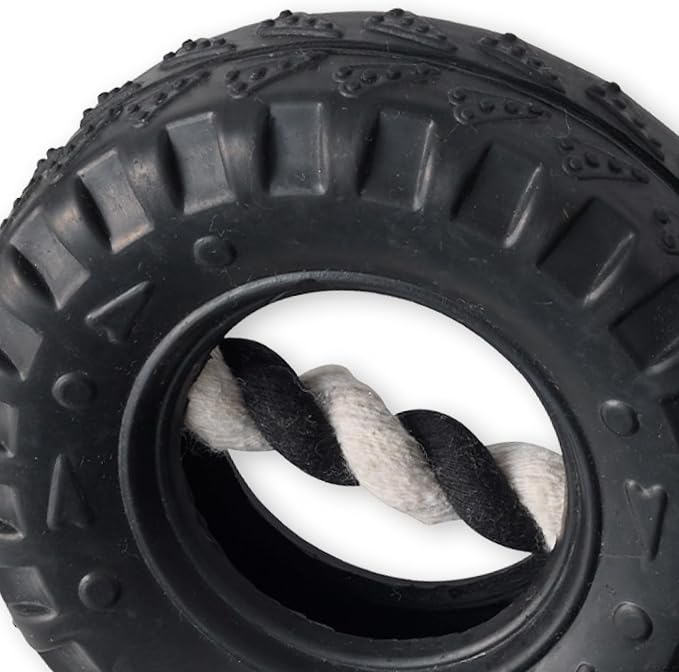 Pet Passion Natural Rubber Tire and Organic Cotton Rope Pull and Chew Dog Toy for All Pet Breeds, Black, Medium