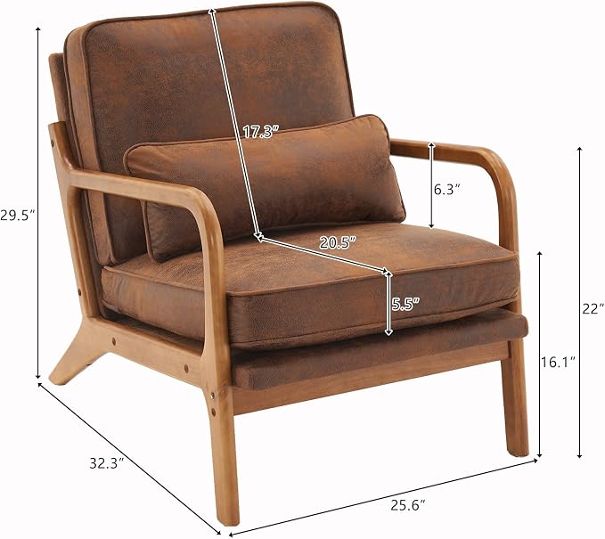 Karl home Mid-Century Modern Accent Reading Chair, Brown | Bronzing Upholstered, Solid Wood Frame, Soft Cushion, Lumbar Pillow, Lounge Armchair for Living Room, Bedroom, Balcony, Study