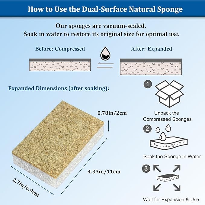 Natural Kitchen Sponges, 12 Pack Eco Biodegradable Compostable Coconut Fiber & Cellulose Heavy Duty Scrub Sponge for Dishes, Organic Non-Scratch Cleaning Sponges for Non Stick Cookware, Pots
