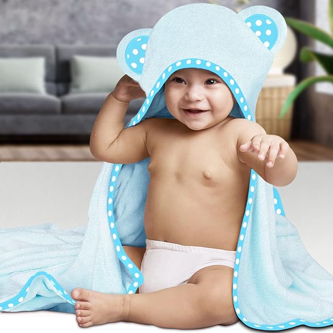 Set of 2 Hooded Baby Towels – White and Blue – Luxurious, Large and Super Absorbent – 30 x 30 Inch – Soft and Suitable for Infants, Toddlers and Kids – 400 GSM
