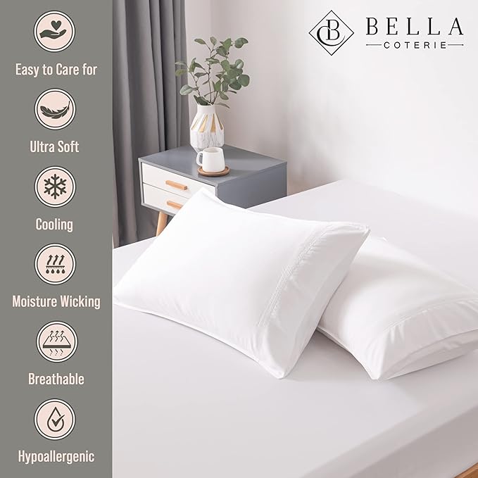 Bella Coterie | Luxury Bamboo Viscose King Size Pillowcase Set | 100% Organically Grown | Ultra Soft | Cooling | 2 Pcs [White]