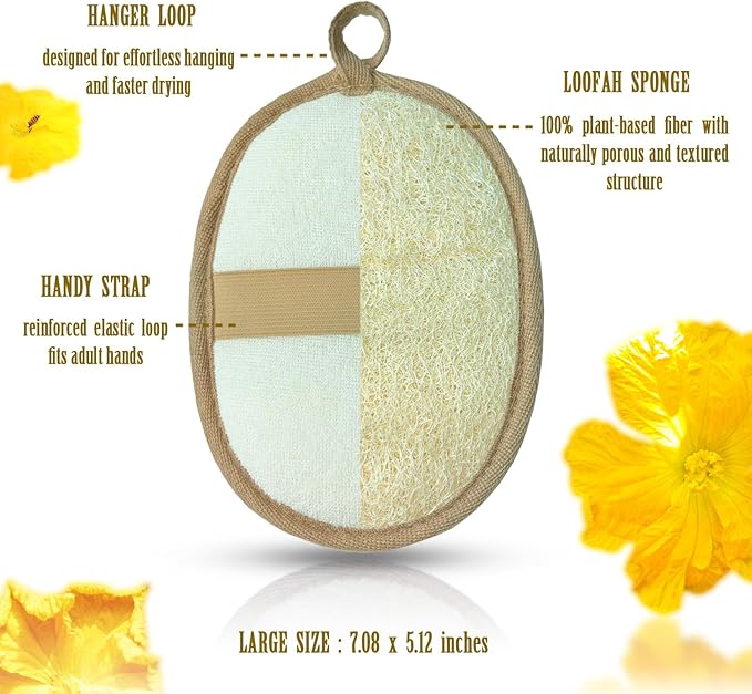 Natural Loofah Sponge for Women & Men, Made with Eco-Friendly Egyptian Luffa, Plastic-Free Bath Sponge for Exfoliating Dead Skin, Lightly Abrasive Natural Loofah Body Scrubber for Shower