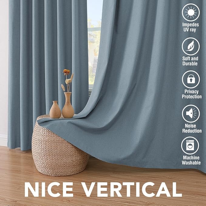 H.VERSAILTEX Blackout Curtains Linen Curtains 120 inches Long 100% Black Out Curtains for Bedroom Windows, Textured Linen Look Draperies Grommet with White Liner, 2 Panels, Stone Blue