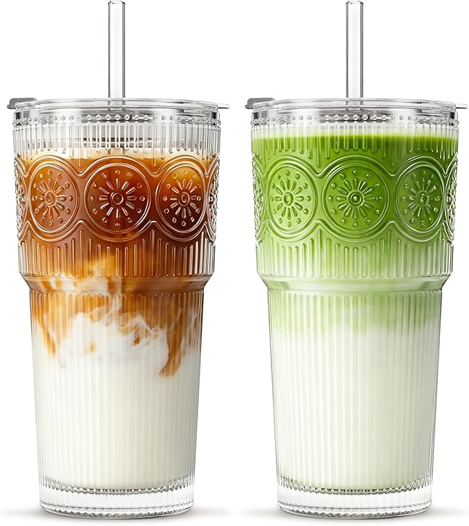 INSETLAN 20oz Ribbed & Floral Glass Tumblers with Lids and Straws, Set of 2 – Clear Iced Coffee Cups, Reusable Drinking Glasses for Water, Smoothies, Tea, and Juice – Perfect for Travel & Daily Use