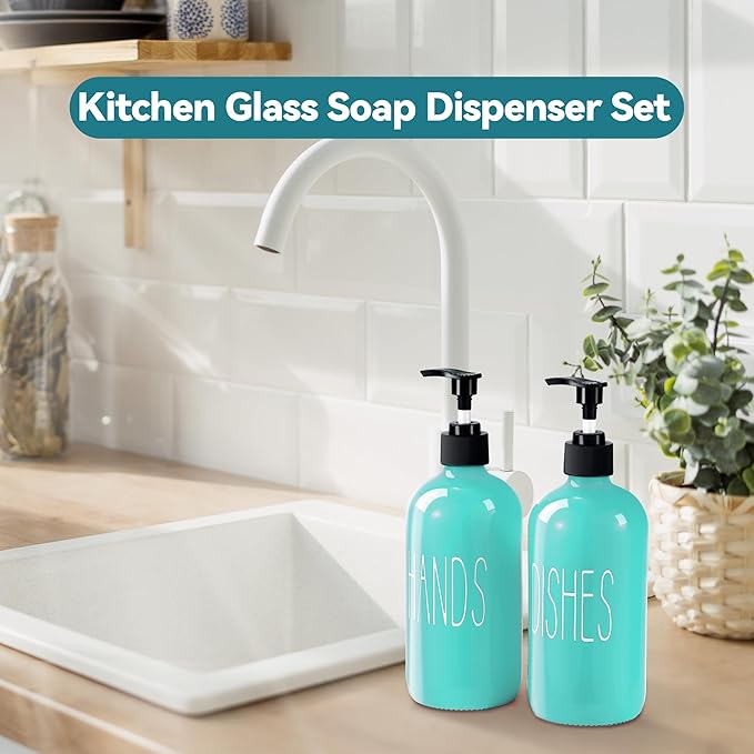 COHOSEGE Glass Soap Dispenser Set 2 Pack,16 Oz Dish Soap Dispenser for Kitchen Sink,Teal Kitchen Accessories and Kitchen Decor,Turquoise Decorations and Kitchen Utensils for Kitchen