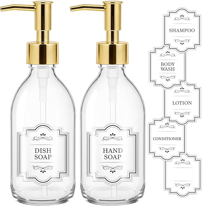 8 oz Clear Glass Pump Bottle, 250ml Small Lotion Dispenser Bottle for Body Massage Oil, Refillable Empty Hand and Dish Soap Dispensers Set with Plastic Golden Pump, Labels - 2 Pack