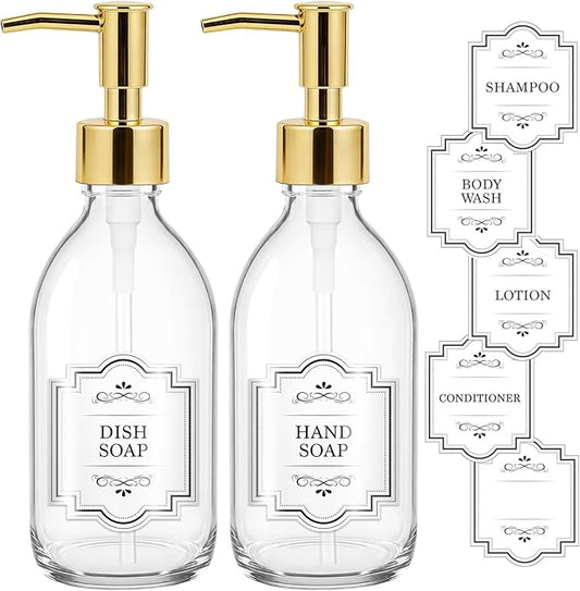 8 oz Clear Glass Pump Bottle, 250ml Small Lotion Dispenser Bottle for Body Massage Oil, Refillable Empty Hand and Dish Soap Dispensers Set with Plastic Golden Pump, Labels - 2 Pack