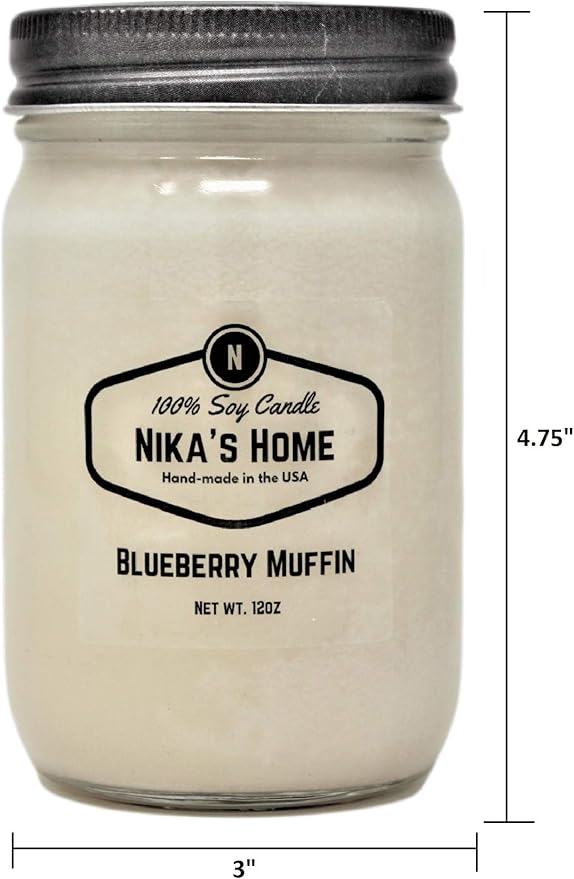 Nika's Home Blueberry Muffin Soy Candle - 12oz Mason Jar - Non-Toxic - Hand Poured in The USA, Long Burning 50-60 Hours Highly Scented All Natural, Clean Burning