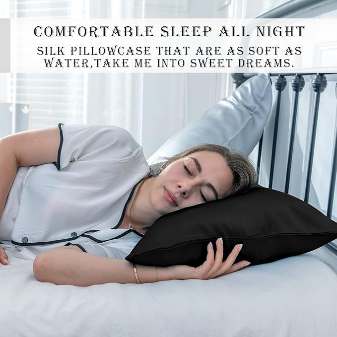 Mulberry Silk Pillowcase for Hair and Skin Standard Size 20"X 26" Pillow Case with Hidden Zipper Soft Breathable Smooth Cooling Silk Pillow Covers for Sleeping (Black,Standard,1Pcs)