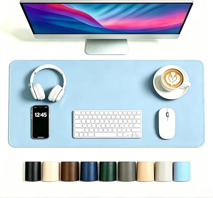 Desk Pad Blotter,YJHMYGSN 27.5x49 in Large PU Leather Mouse Mat,Waterproof Non-Slip Writing Desktop Protector Surface,Office Table Accessory,Blue