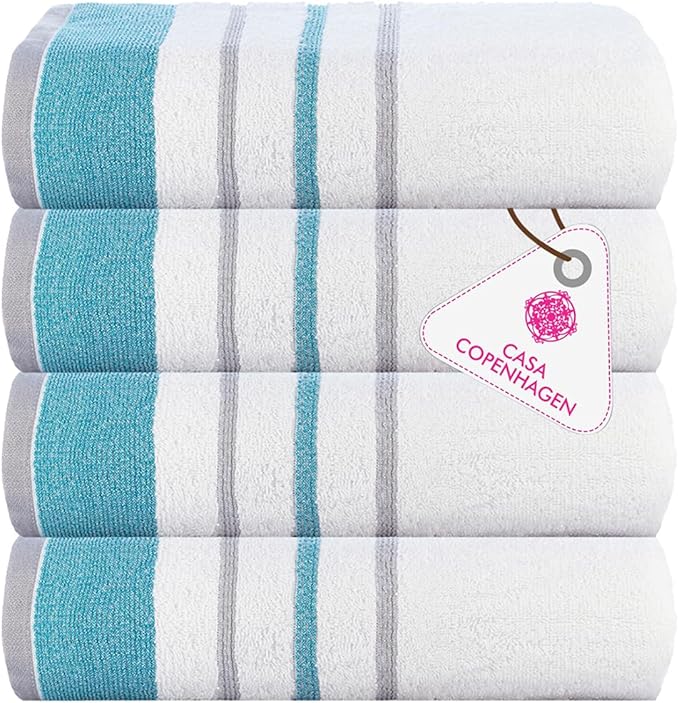 CASA COPENHAGEN White Bay 4Pcs 100% Egyptian Cotton Large Designer Towels Gift Set- Grey - Teal, 600 GSM, 55"x27", 4Bath Towels for Bathroom (Box Pack, Set for Women & Men)
